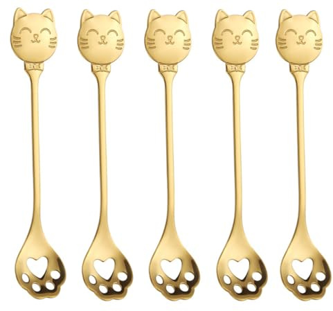 Hoshen 5-teiliges Rührlöffel mit Katzenpfotenköpfen, Edelstahl, Teelöffel, Zucker, Kaffee, Kuchen, Dessert-Eis, Partygeschirr, niedlicher Stil (Gold)