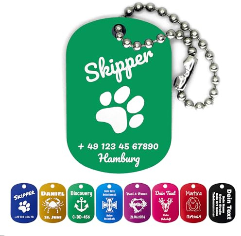 Hundemarke mit Gravur Dog Tag personalisiert mit 10 cm Edelstahl Kugelkette | Namensschild für Halsband Anhänger Hunde Katzen Pferde mit Motiv | Tiermarke - Schlüsselanhänger Hundeanhänger (Grün)
