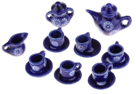 mophrati Service à thé Miniature en Porcelaine pour Maison de poupée, 15 pièces, Comprenant Une Assiette, Une Soucoupe, Tasse et théière Bleu foncé. Service à thé Miniature en Porcelaine,