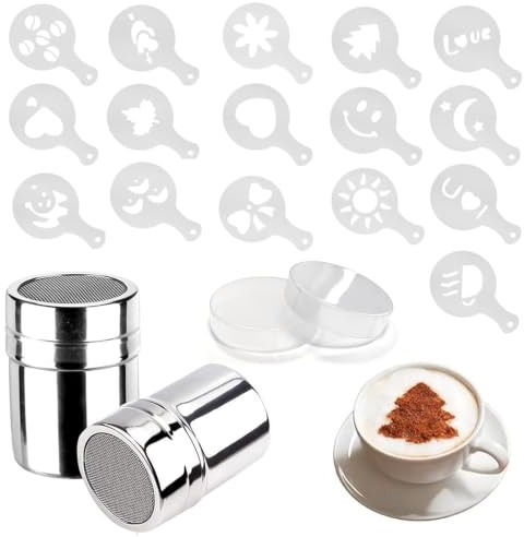 YUZHEDM 2 stycken rostfritt stål mjölströare kakaoströare för cappuccino med plastlock pulversockerströare med 16 cappuccino-stenciler delar kaffe topping dekorera choklad dekoration latte macchiato