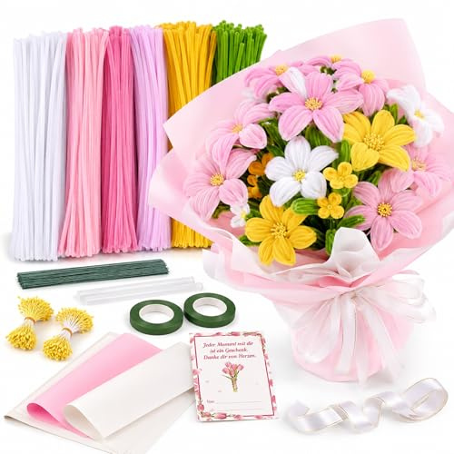 Pfeifenreiniger Blumen Set 600 Stück - Sinaley Pfeifenputzer zum Basteln, Chenilledraht 6 Farben mit Blumendraht Staubgefäßen Blumenpapier für DIY Blumen Basteln, Kranzbinden & Geschenkidee