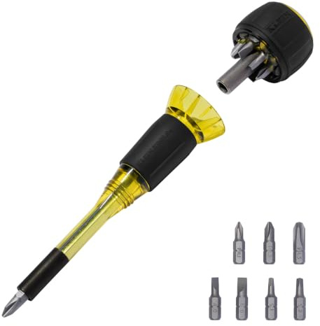 Klein Tools 32961A 8-in-1 Tru-Grip Screwdriver with Stubby, Phillips, Slotted, Square Tips, 1/4-Inch Nut Driver, Rare-Earth Magnet, 6-Bit Storage, Ball-Style Handle