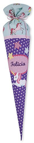 Stoffschultüte mit Wunschnamen, Schultüte aus Stoff Einhorn, Lila