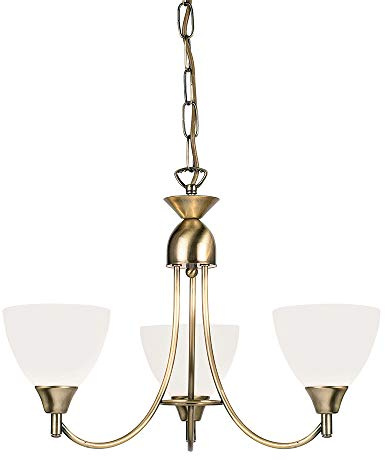 National Lighting Andy Decorative 3 Way Antique Brass Branch Arm Pendant Ceiling Light with Matt Opal Glass Shades
