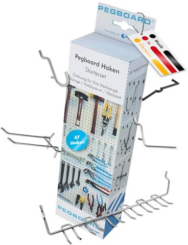 Pegboard Lochwandhaken-Sortiment 67-teilig für Werkzeugwand in Garage, Werkstatt, Keller, Gartenhaus, Heimgym oder Küche