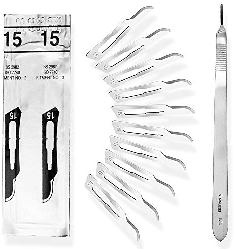 Set - 10 Stück Skalpellklingen Figur 15 aus Karbonstahl - Ersatzklingen einzeln steril verpackt + 1x May - Skalpell-Halter mit 20 cm langem und gebogenen Griff - Edelstahl