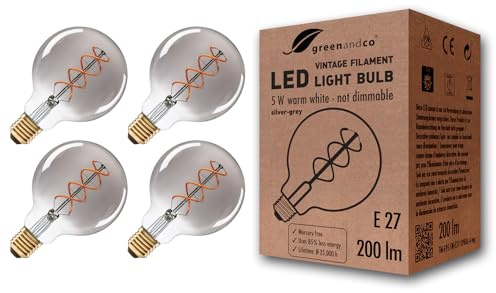greenandco 4x Vintage Glühfaden LED Kerze | silbergrau | E27 G95 | 5W 200lm | 1800K extra warmweiß | 360° | 230V | flimmerfrei | nicht dimmbar