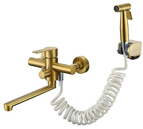 HomeLava Wasserhahn Küche Wandmontage mit Spritzpistole Wasserhahn Wand Armatur 360° Drehbar Auslauf 225mm Küchenarmatur Spültischarmatur Wandmontage für Küche Waschbecken Gebürstetes Gold
