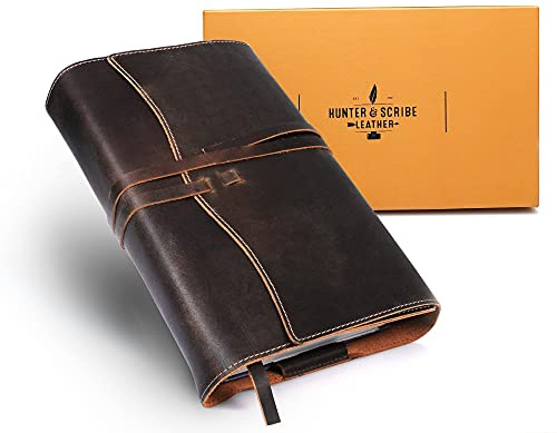 Hunter & Scribe Leather Buch- oder Bibelhülle für Männer und Frauen – handgefertigtes echtes genarbtes Büffelleder – christliche Geschenke – mittelgroßer Leder-Bibeleinband – mittelgroßer Bucheinband