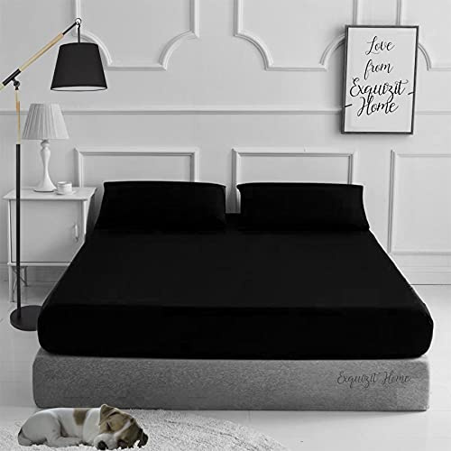 EXQUIZIT HOME® Fitted Bed Sheet with Pillowcases Pack of 2 – Plain Dyed Poly Cotton Percale Easy Care 180TC Bed Sheet, Soft & Durable 50% Cotton 50% Polyester (Black–Double)