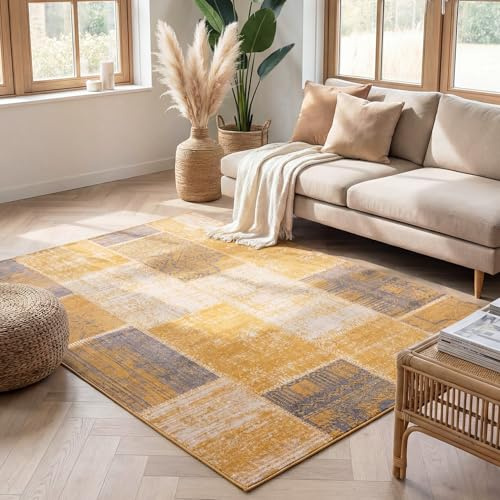 FRAAI | Home & Living Vintage Teppich - Spring Patchwork Ockergelb Taupe - 140x200 cm - Polypropylen - Kurzflor - Vintage, Patchwork - Boho, Orientalisch - Wohnzimmer, Esszimmer, Schlafzimmer