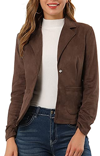 Allegra K Damen Langarm Casual Open Front Kordelzug Faux Wildleder Blazer, Braun, M