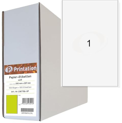 Printation Universal-Etiketten 200 x 297 mm (DIN A4) weiß - 500 A4 Bogen Bigpack mit 500 Etiketten selbstklebend bedruckbar mit Rand 200x297 1x1 Papier Klebeetiketten A4 Haftetiketten Etikettenpapier