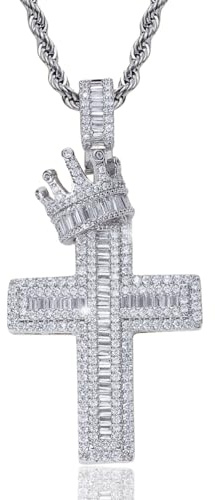 ICEDIAMOND 14K Iced Out Royal Crown Kreuz Anhänger Kette Halskette, vergoldet Bling CZ Diamant Kreuz Charme Hip Hop Modeschmuck für Männer Frauen