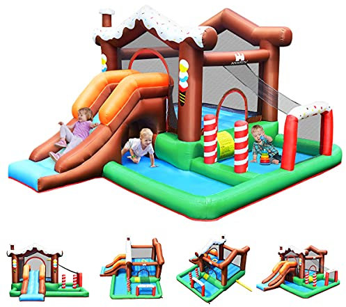 GOPLUS Château Gonflable en Forme de Bûche de Noel avec Toboggan, Zone de Saut, Kit de Réparation, Aire de Jeu Gonflable Intérieur avec Sac de Rangement pour 2 Enfants(Souffleur Non-Inclus)