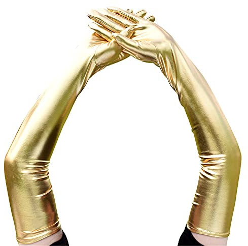 Glücksvogel Damen Handschuhe Frauen Faux Leder Lange Handschuhe Glänzende Wet Look Leder-Optik Handschuhe Classic Opera Fest Party Abendhandschuhe ca. 54 cm lang (Gold, One Size)