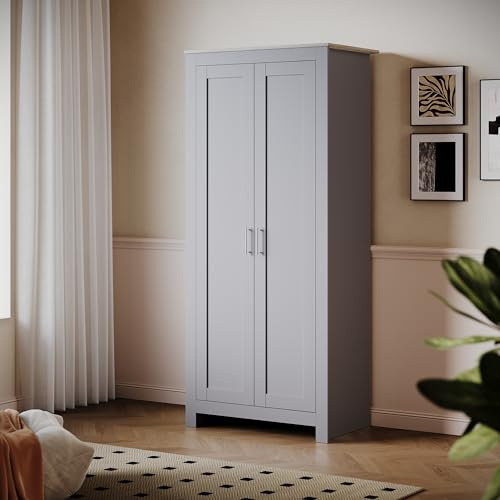ELEGANT Grey Oak Clothes Cupboards with Large Storage Unit 2 Door Wardrobes with Long Bar for Living Bedroom