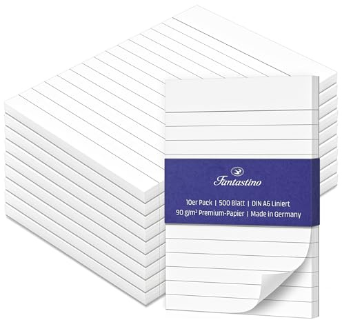 Fantastino® Block Notes A6 a Righe - 10 Pezzi. Piccoli, 500 Fogli (50 per Blocco) Carta Premium 90 g/m². Blocco Note, Fogli per Appunti, Blocco a Strappo per Ufficio, Casa, Scuola, Università.