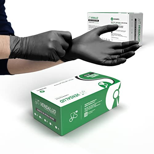 VENSALUD | Einweghandschuhe aus NITRIL | Staubfrei | Widerstandsfähig | Für Labore, Sanitär, Küche, Tattoo Studios, Tierarzt, Reinigung, Untersuchung | Latexfrei | 100 Stk. | Schwarz | Größe M