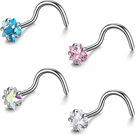 ZS Lot de 4 anneaux de nez en titane de qualité 23 pour femme, 2 mm 3 mm, anneaux de nez incurvés/tire-bouchon/spirale, Cristal Strass, Oxyde de Zirconium