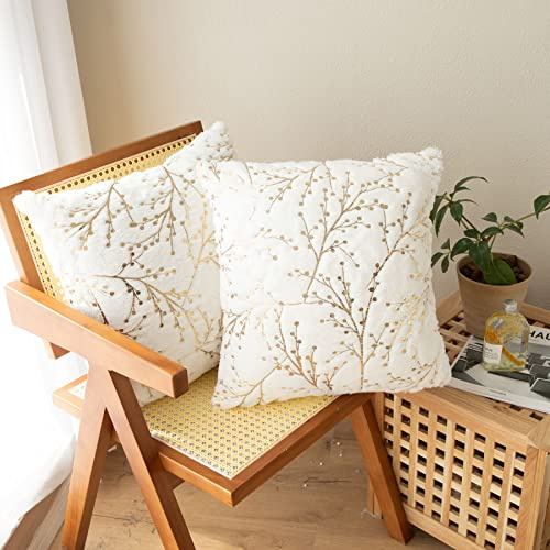 LIGICKY Set of 2 Fluffy White Faux Fur Pillow Covers Gold Floral Glitter Throw Pillows Decorative Soft Furry Sparkling Square Cushion Cases for Sofa Bedroom Party Décor 18x18inch(Double Sided Fur)