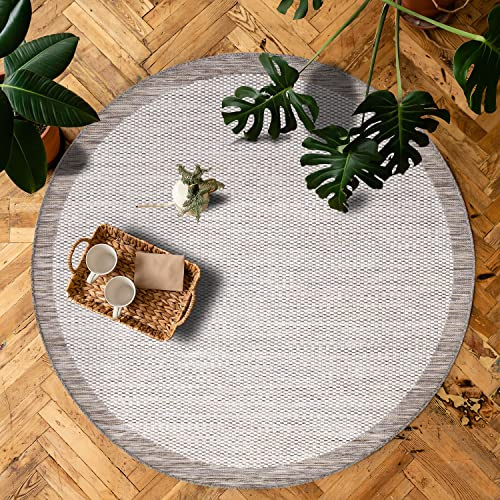 payé Outdoor Teppich Rund - 160x160cm - Wetterfest - Beige Weiß - Bordüre - Teppiche für Terrasse Balkon Garten Indoor