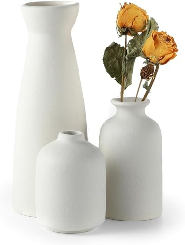 Sawoake Weiß Keramik Vasen 3er-Set Kleine Blumenvasen für Dekor, Moderne rustikale Bauernhaus Home Decor, Dekorative Vasen für Pampas Grass Idee Regal (Weiß)