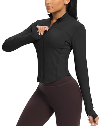 QUEENIEKE Women's Cropped Running Jackets - Zip Up Lightweight Athletic Yoga Gym Tops BBL Jacket with Thumb Holes