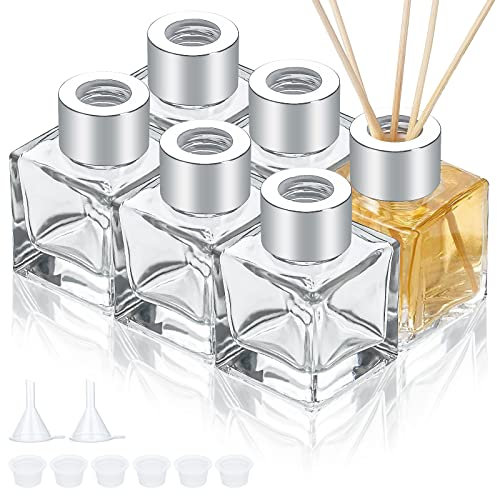 JNWYH Juego de 6 botellas difusoras de cristal vacías, cuadradas de cristal, para baño, sala de estar, oficina con embudo (50 ml)
