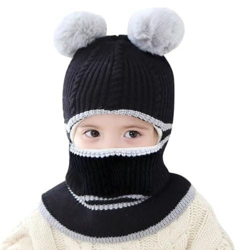 Aoreun Kleinkind Baby SchalMütze warm gefüttert, Pom Wintermütze für Mädchen und Jungen Babymütze Strickmütze mit Bommel Mädchen Jungen Warm Fellbommel Beanie Hüte für 2-7 Jahre - Schwarz