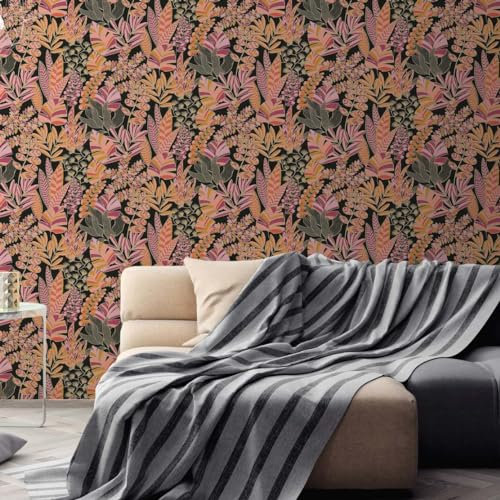 BRICOFLOR Design Tapete mit Blättern in Schwarz Pink Orange Retro Vliestapete mit Blumen im Art Déco Stil ausgefallen