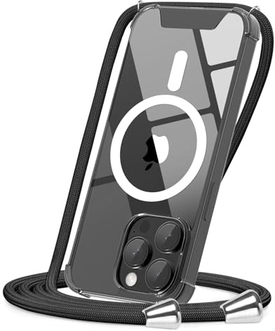 CAROKI Magnetic Crossbody Case for iPhone 14 Pro Max 6.7, Compatible with MagSafe, Clear Protective Cover with Adjustable Black Lanyard Necklace Strap, Slim Shockproof Soft TPU & Hard PC Case