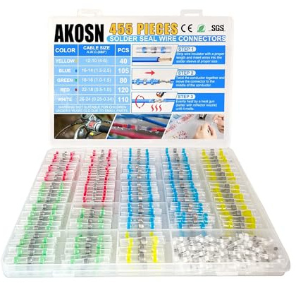 455 PCS Heat Shrink Self Soldering Butt Connector, Solder Seal Wire Connectors Kit, Waterproof Wire Solder Stick Splice Connector for Marine Electrical Automotive (5 Colors/5 Sizes/ 26-10 Gauge)