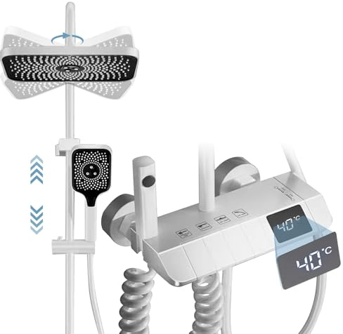 Thermostatic Mixer Shower System, 4 Piano Keys Wall Mount Exposed Shower System with Digital Temperature Display, Square Rainfall Shower Head, Handheld Faucet, Bidet Spray, Tub Spout Kit (White)
