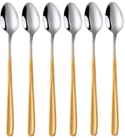 SBOMHS Cucchiaio per latte macchiato 18/10 in acciaio inox, manico lungo, per caffè, cappuccino, cucchiaio da dessert 20 cm, cucchiaio per yogurt, nutella, caffè latte, 6 pezzi (oro sfumato)