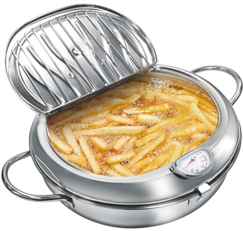 Deep Fryer Pot, 4.4Qt /11 Inch Japanese Style Small Deep Fryer 304 Stainless Steel, with Temperature Control and Oil Drip Drainer Rack, Deep Frying Pot with Lid