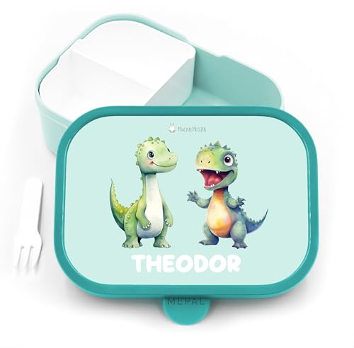 Geschenkfreude Bento Box Kinder für Mepal mit Namen - Dinosaurier | Schule, Kindergarten, Einschulung, für Jungen, spülmaschinenfest, mit Fächern, Brotdose Kinder, Lunchbox Kinder, Vesperdose