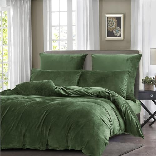 Gezu Juego de edredón de franela, 240 x 260 cm, verde oscuro, invierno, ropa de cama, terciopelo, de doble cara, grueso, esponjoso y cálido, juego de edredón para cama doble, con 2 fundas de almohada