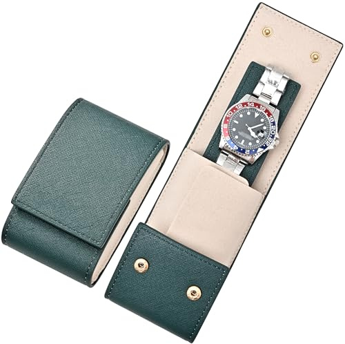 Reise-Leder-Uhrentasche/Uhren-Reiseetui mit Wildlederfutter/Luxus-Leder-Reiseuhrenetui, Einzeluhrentasche für Damen und Herren (grün)