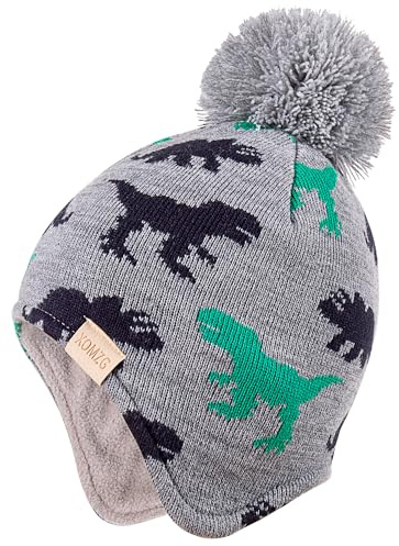 Beanie Knit Hats for Toddlers with Earflap Fleece Lined Hat Kids Warm Winter Hat Scarf Set Children's Thick Ski Cap Grey