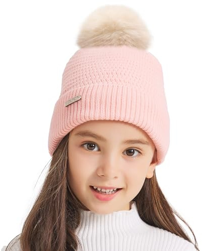 ZLYC barn vinter stickade mössor bomull pom pom mössa för flickor pojkar, Enfärgad rosa, one size