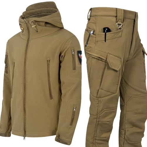 FZSERUN Militärische Softshell-Anzüge, Taktische Jacke Und Hose Für Herren, Wasserdichter Camouflage-Militäruniformanzug, Für Militär-Kampfkleidung Der Armee,Braun,L