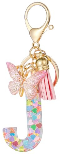 Moydolo Porte-clé lettres avec boucles pour femmes, Porte-clé esthétique avec pompons papillon keychian lettres rose breloque