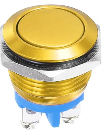 DMiotech 1 Pcs 16mm / 5/8 Push Button Switch, IP66 1NO 0-250V 5A Momentary Latching Push Button Starter Light Switch Self-locking, Aluminum Alloy Flat Head Gold