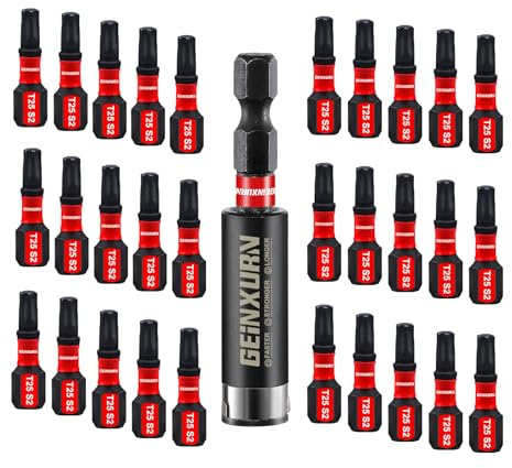 GEINXURN Lot de 31 Embouts de Tournevis Torx T25 25 mm de Longueur Embouts de Vissage Magnétiques Acier Allié S2 Tige 1/4 Hexagonale Étoile Torx Embout pour Visseuse avec Porte Embout de 60 mm