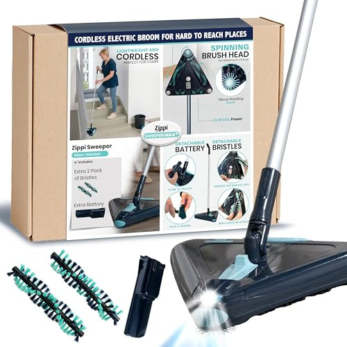 Zippi Deeper Sweeper Max Plus - 2026 Version Lightweight Sweeper, Triangular Design Allows for Sweeping in Corners, Perfect for Short Carpet Hardwood and Tile, LED Light, 1 Hr Cleaning Time