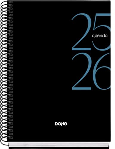Dohe - Agenda Scolaire 2025 2026 - Jour Par Page, Taille A5 (15x21 cm), Espagnol et Anglais, Septembre à Juin, Fermeture à Spirale, Couverture Rigide - SYSTEM Noir