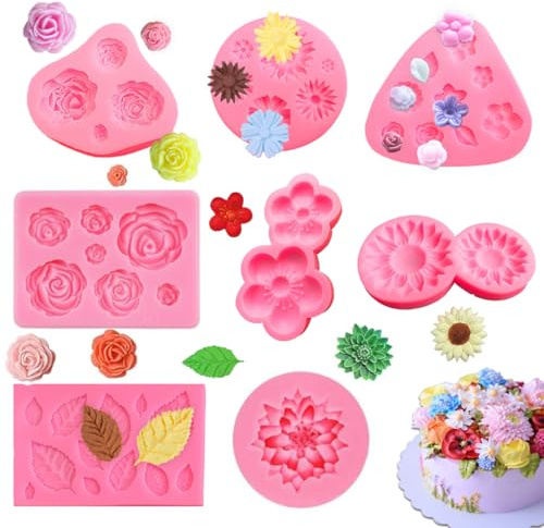 WWYSSZ 8 Stück 3D Silikonform Blumen Klein, Fondant Formen Silikon | Blumen Rose Blätter Sonnenblume Kirschblüte Silikon Fondant Formen für Fudge, Schokolade, Dessertdekoration, Süßigkeit