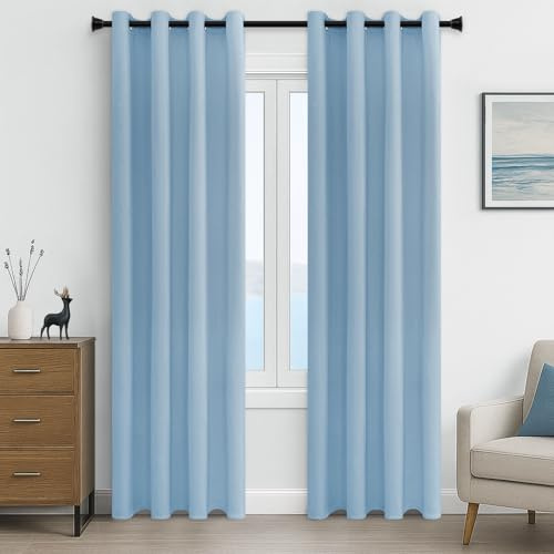 MRTREES Blue Extra Wide Blackout Curtains 90 Inch Drop, Thermal Blackout Eyelet Curtains for Door Bedroom Living Room, 2 Panels 228x228 CM 90x90 Inch Sky Blue