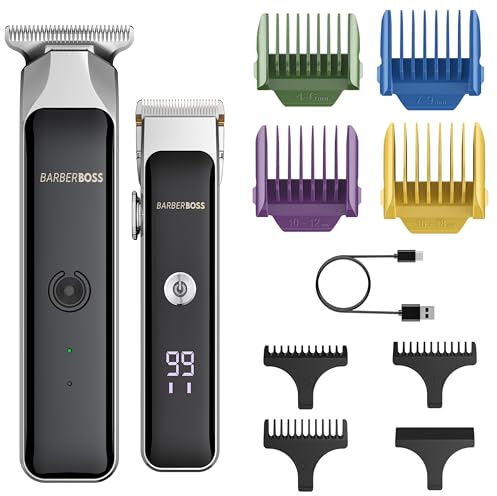 Barberboss hårtrimmer för män, sladdlösa skägggroomers med 7 kammar, justerbar längd urtavla, dubbla hastighetsinställningar, USB-laddning och keramiska blad hår och skäggklippare duo för män